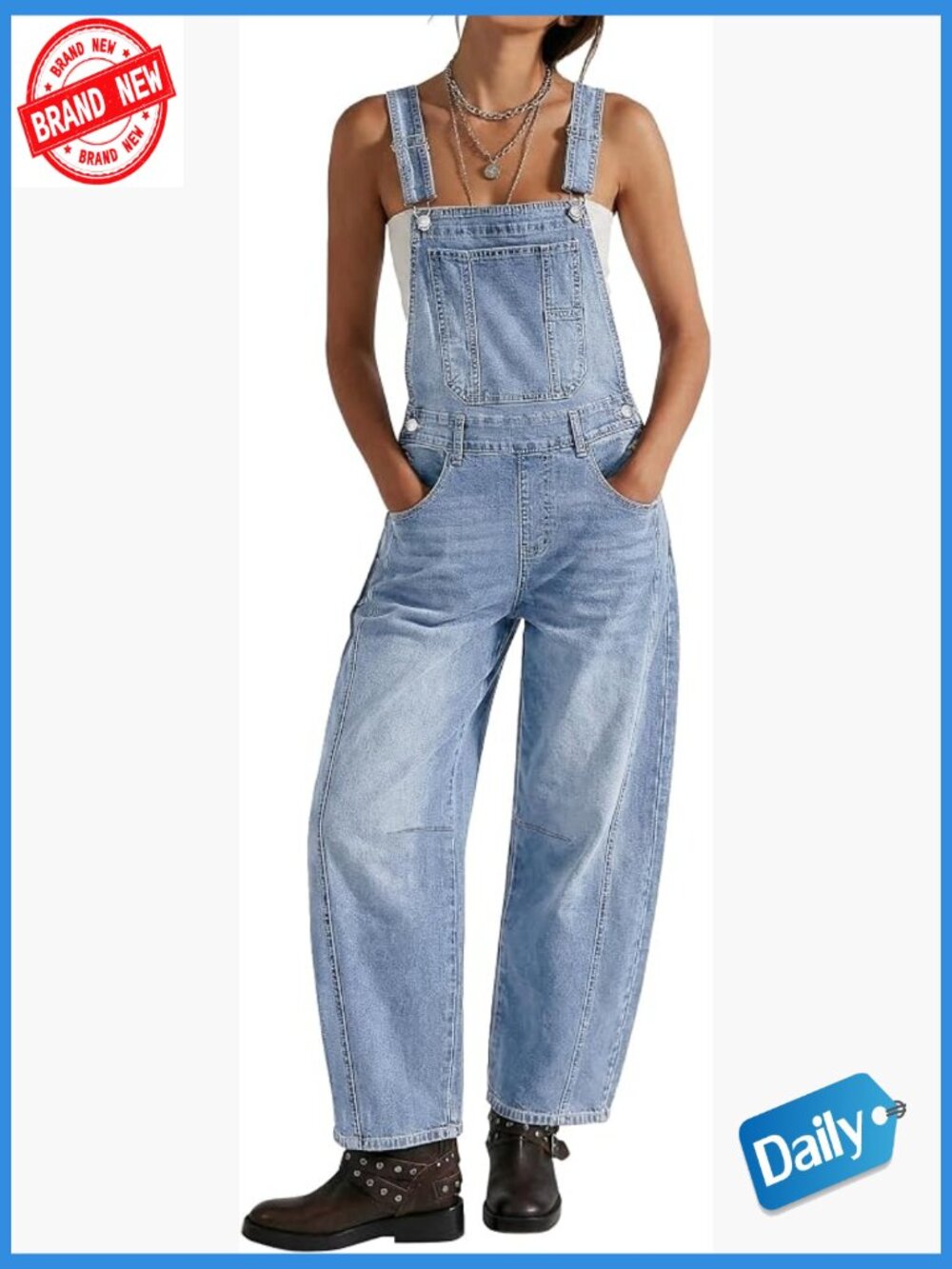 Women's Barrel Leg Denim Overalls Jumpsuit Loose Fit Bib Stretchy